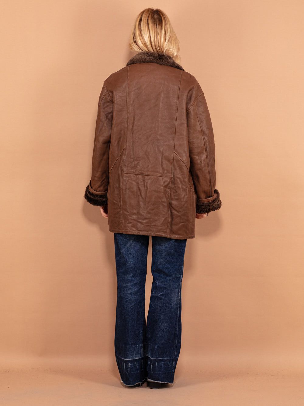 Vintage 80's Women Oversized Sheepskin Leather Coat in Brown - NorthernGrip