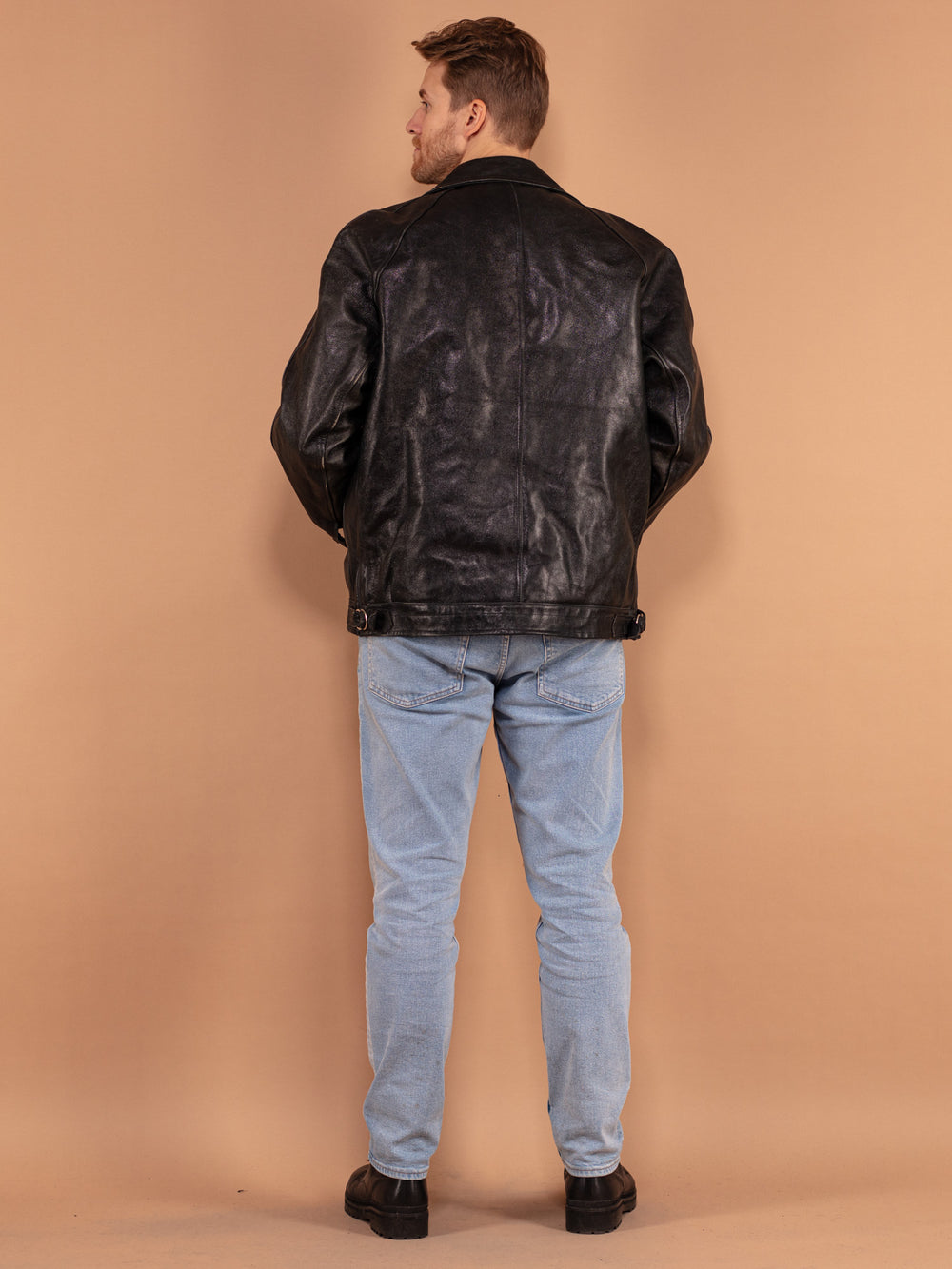 Vintage 80's Men Biker Leather Sheepskin Jacket in Black - NorthernGrip