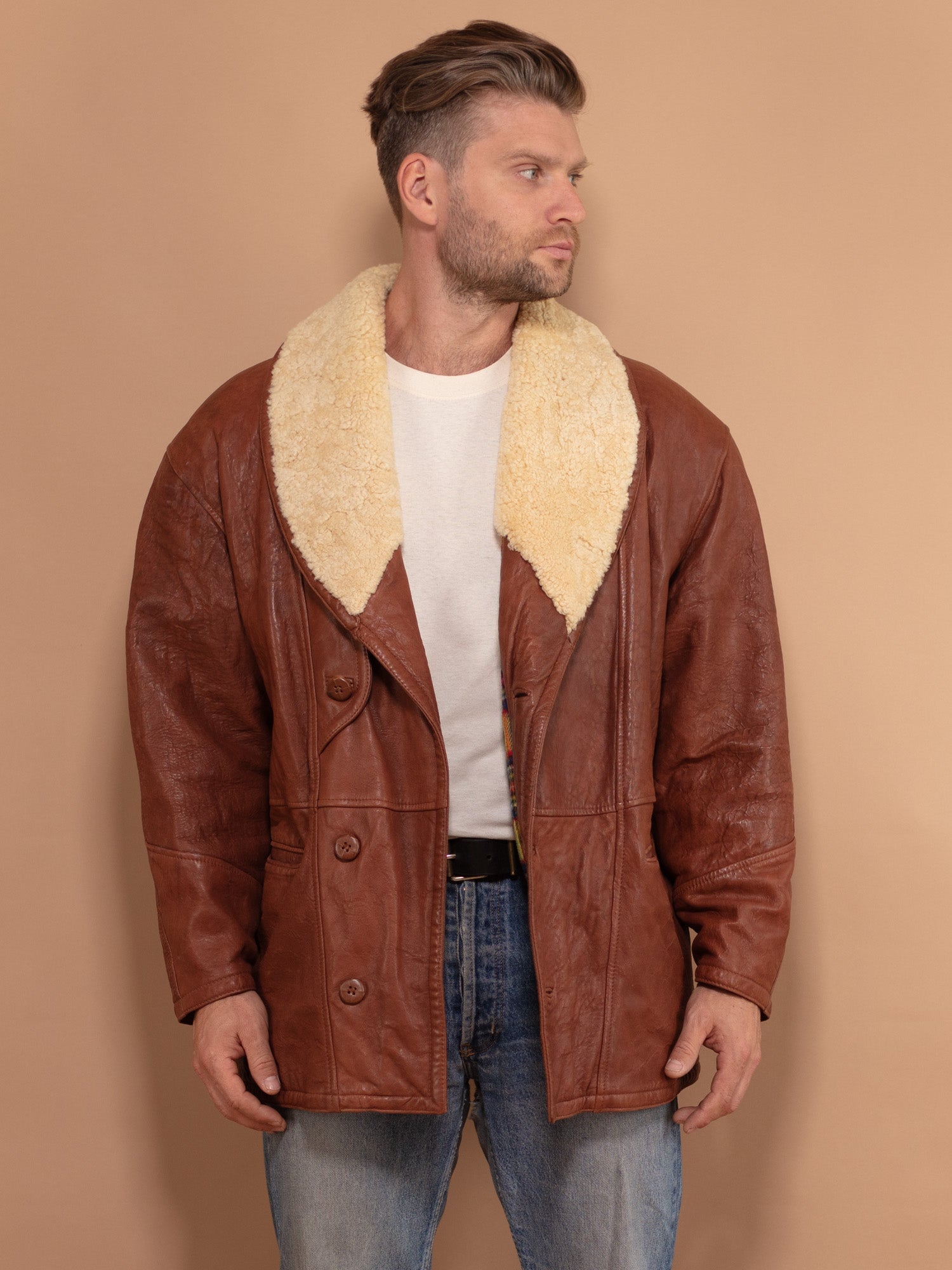 Online Vintage Store | 80's Men Oversized Leather Coat in Brown ...