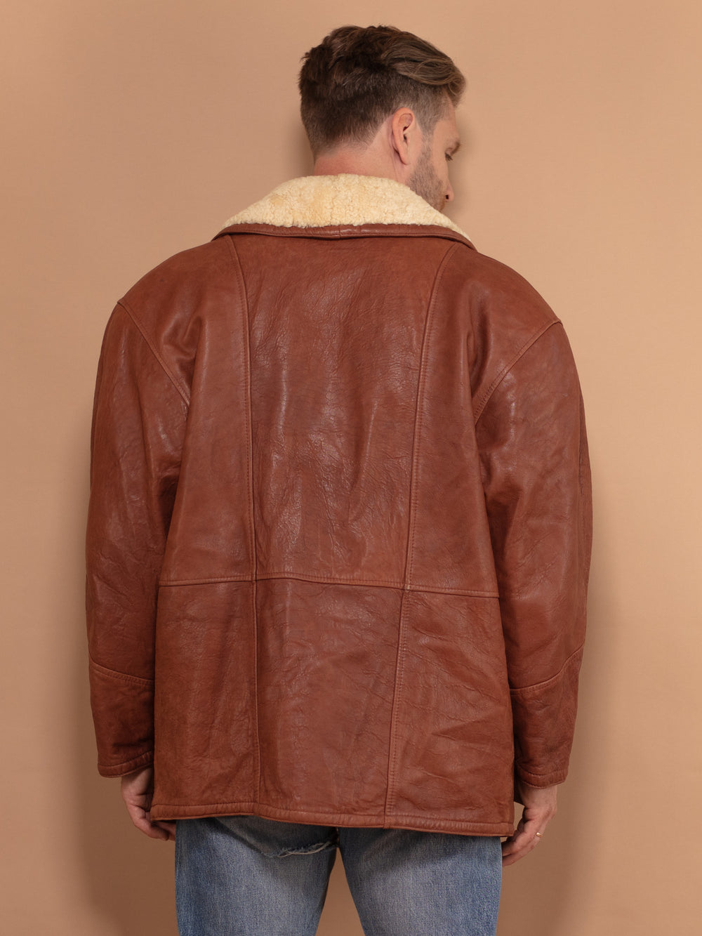 Vintage 80's Men Wool Collar Leather Coat in Brown - NorthernGrip
