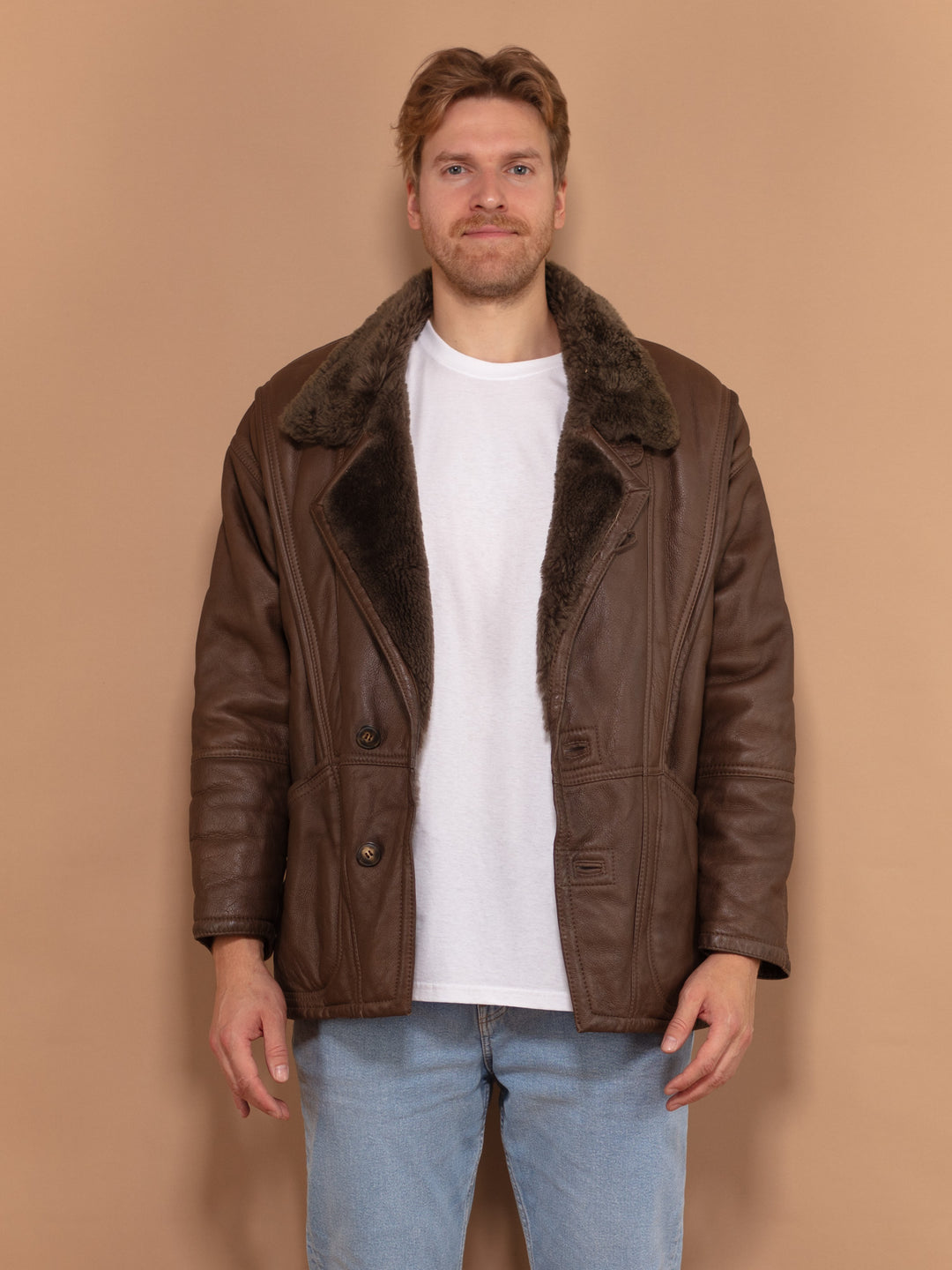Brown Shearling Coat 80s, Size Medium, Men Sheepskin Leather Coat, Button Up Winter Coat, Men Retro Outerwear