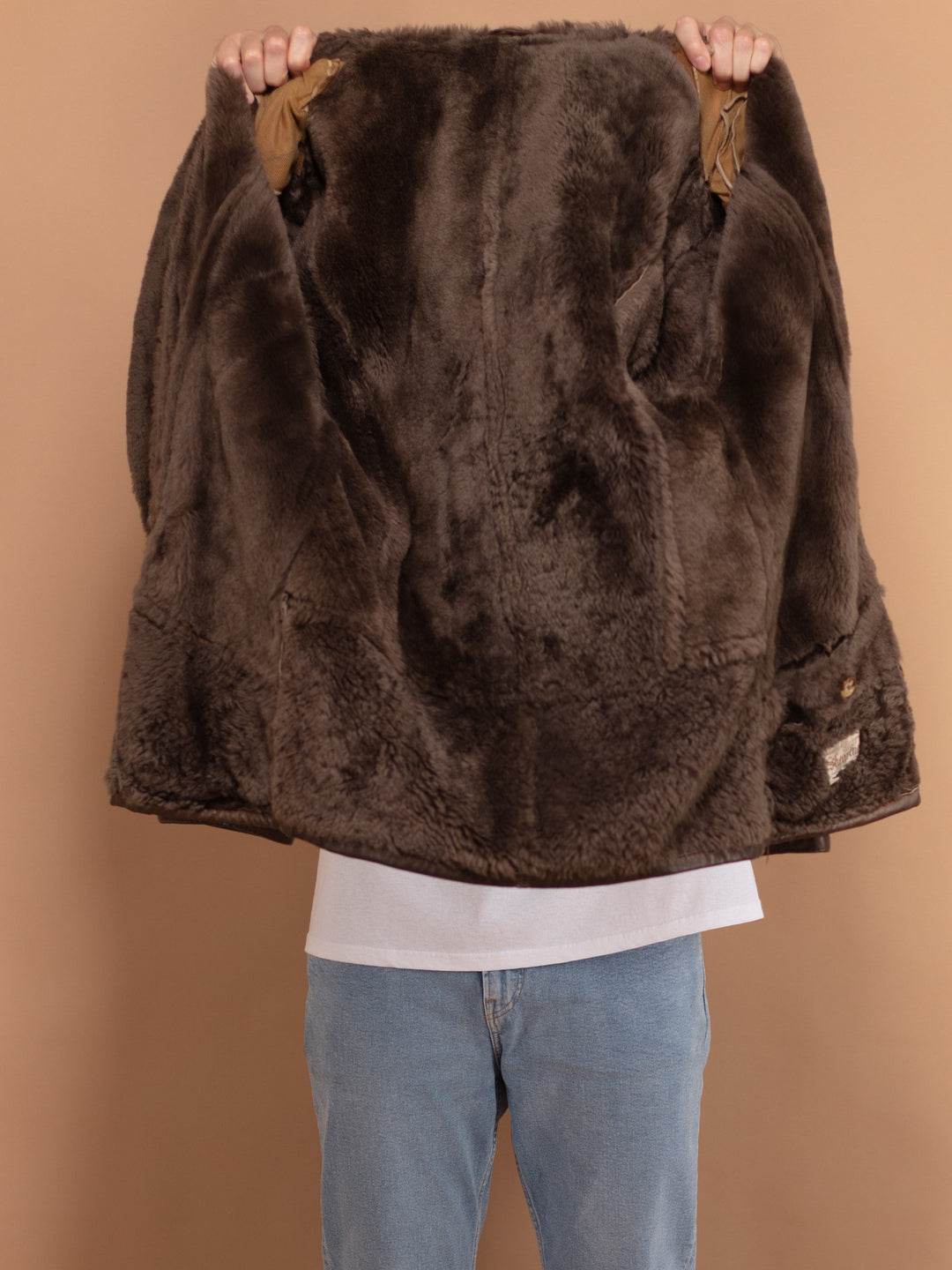 Brown Shearling Coat 80s, Size Medium, Men Sheepskin Leather Coat, Button Up Winter Coat, Men Retro Outerwear
