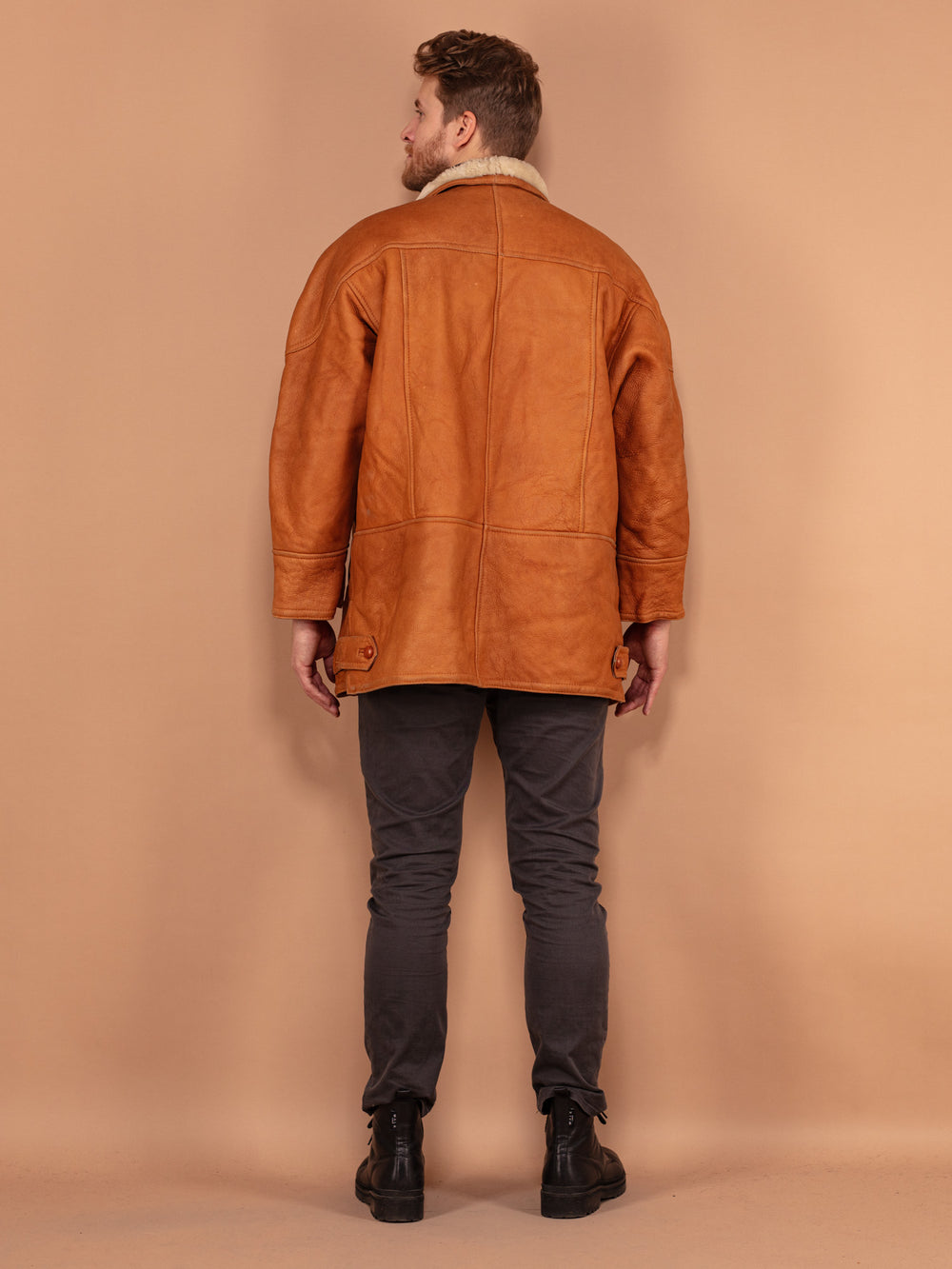 Vintage 80's Men Sheepskin Leather Coat in Caramel Brown - NorthernGrip