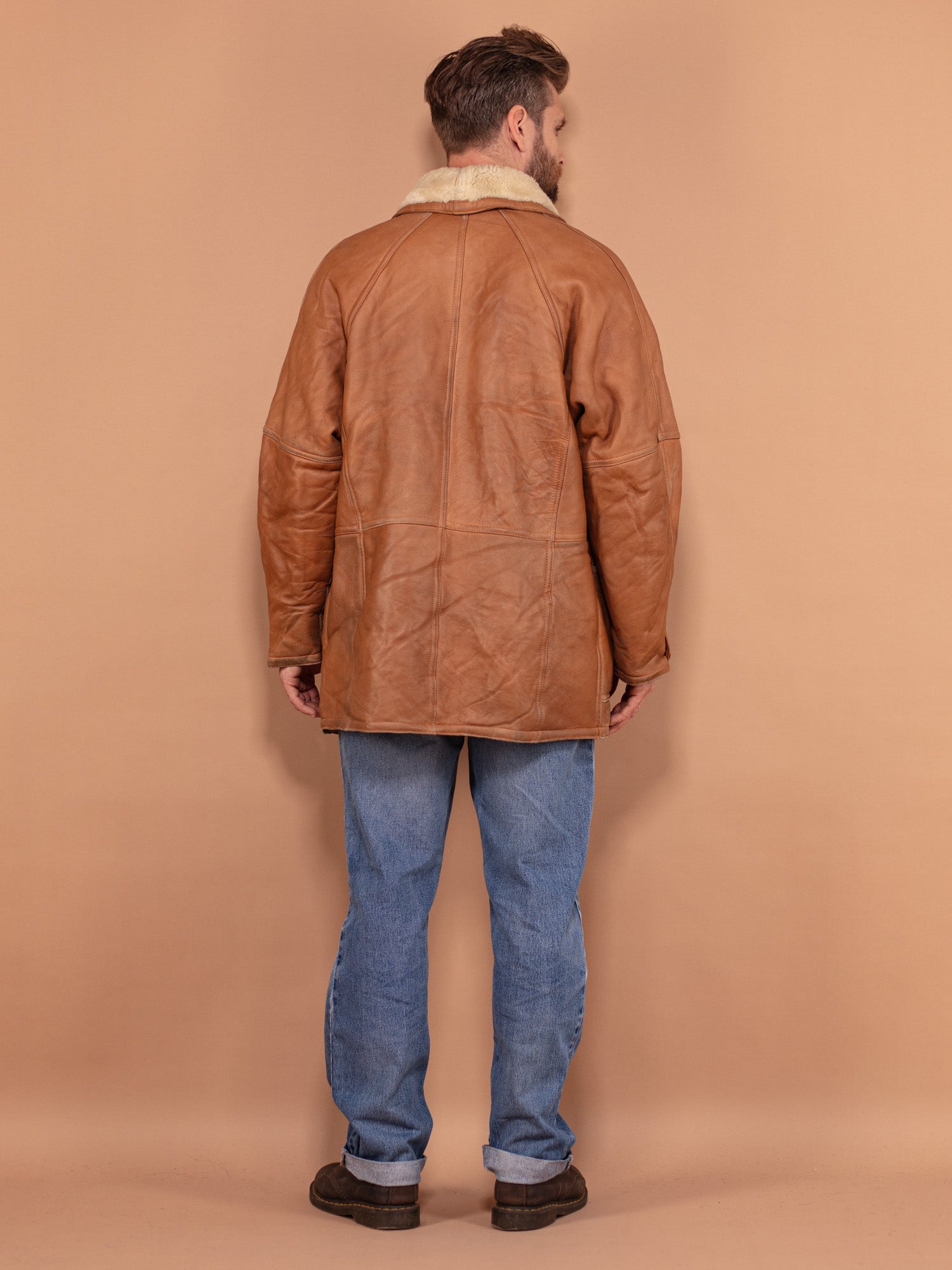 Online Vintage Store | 80's Men Sheepskin Leather Coat in Brown