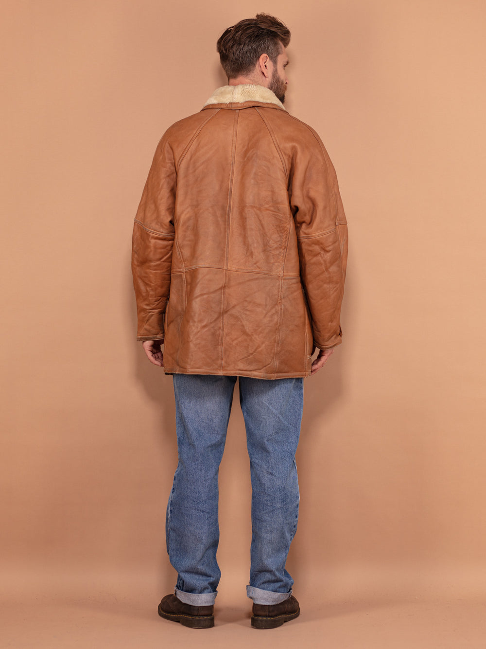 Vintage 80's Men Sheepskin Leather Coat in Brown - NorthernGrip