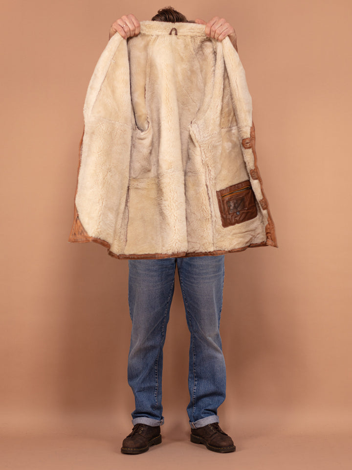 80's Sheepskin Leather Coat, Size Large, Vintage Men Original Shearling Western Coat, Retro 80s Outerwear Coat, Caramel Brown Leather Coat