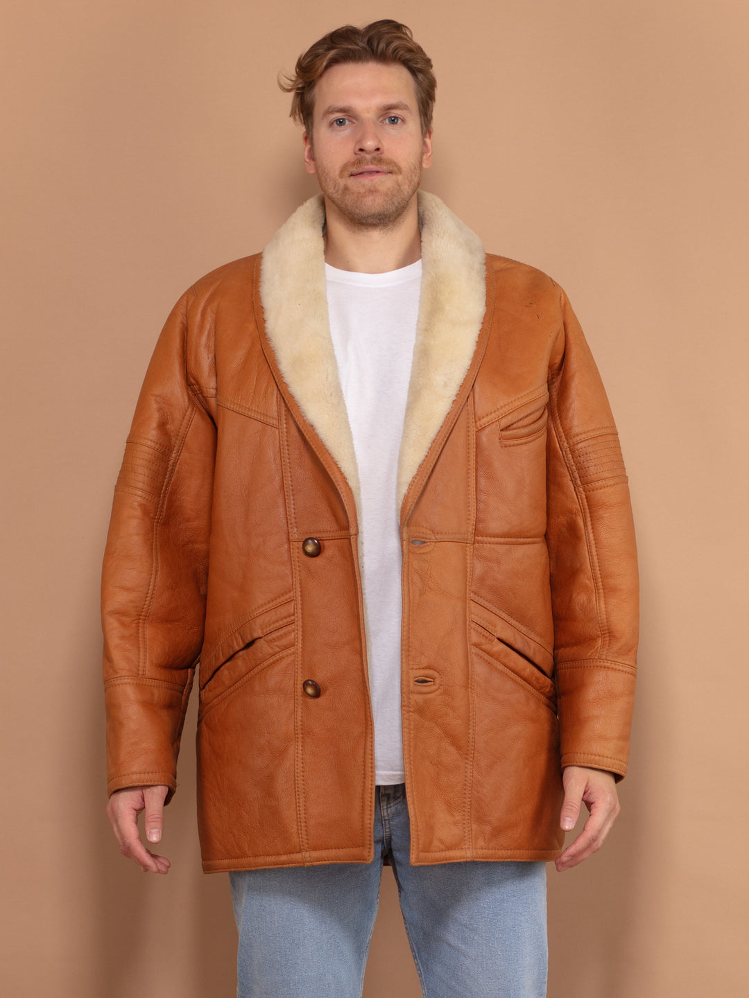 Men Shearling Coat 80s, Size Large, Vintage Sheepskin Coat, Warm Winter Leather Coat, Brown Oversized Coat, Gift For Husband