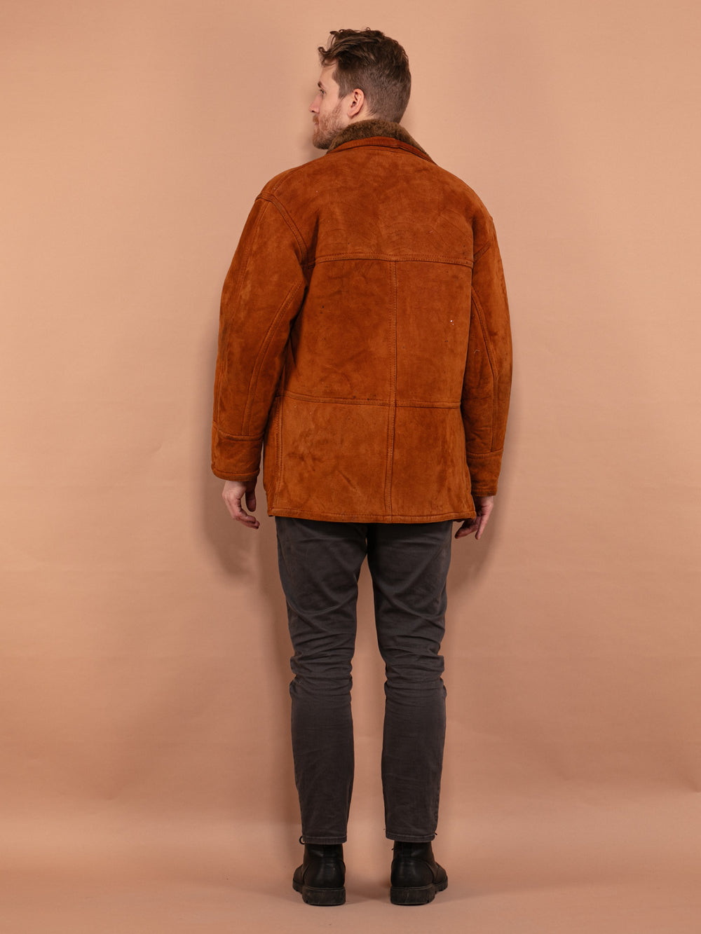 Vintage 80's Men Shearling Suede Coat in Caramel Brown - NorthernGrip