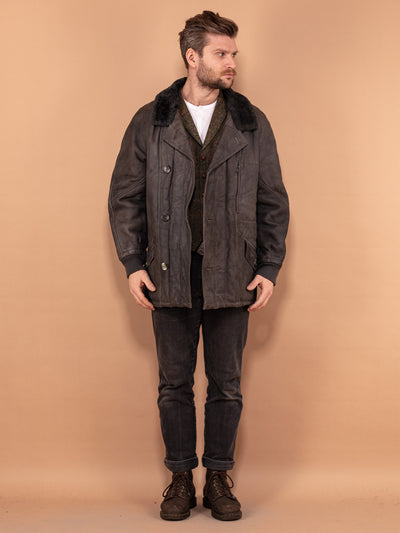 Gray Sheepskin Leather Coat 80's, Size L Large, Vintage Men Winter Jacket, Leather Outerwear, Menswear, Shearling Wool Coat, Grunge Clothing