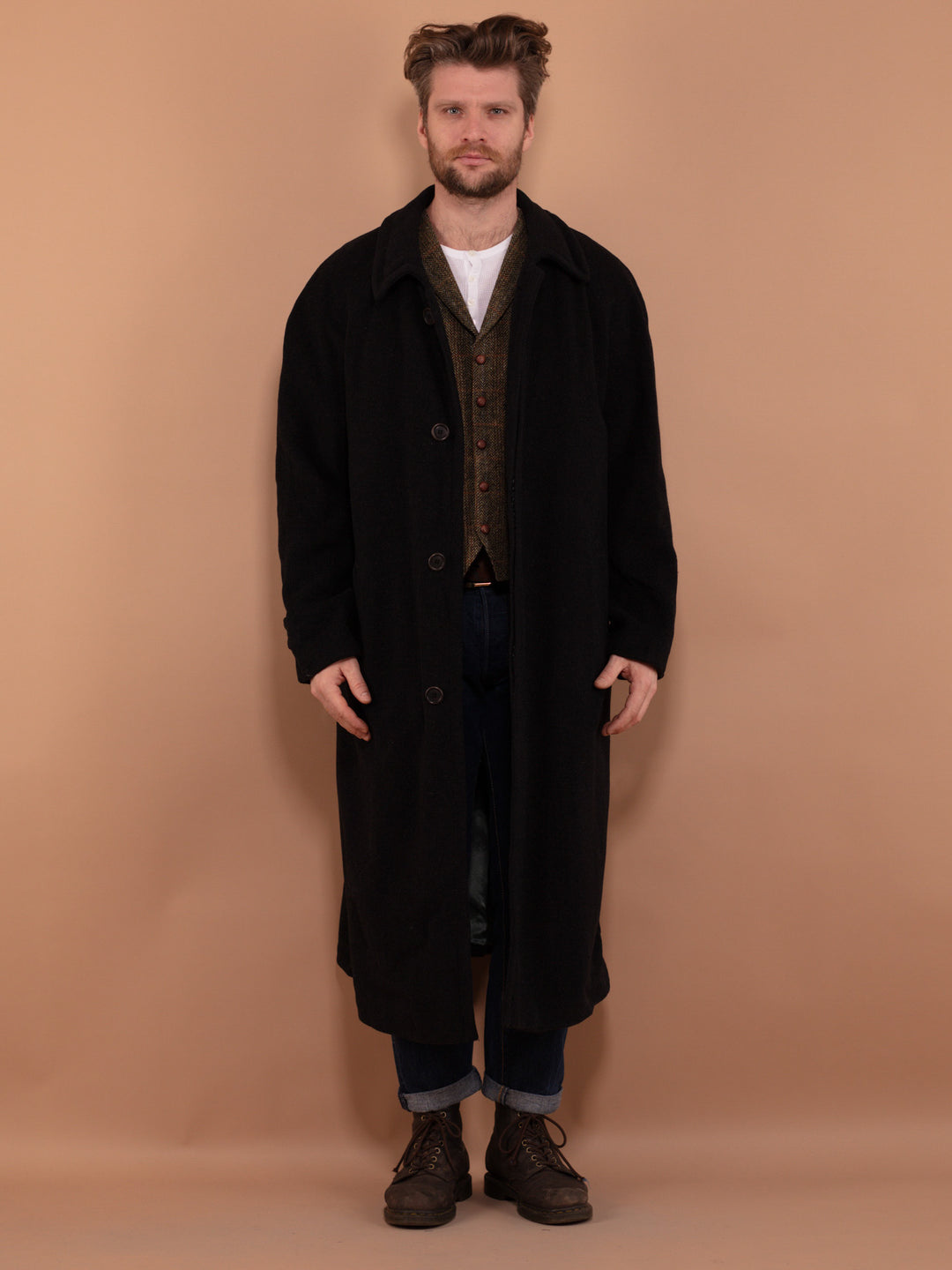 Hugo Boss Wool Blend Coat 80s, Size XL, Vintage Thick Wool Topcoat, Autumn Spring Coat, Dark Gray Long Minimalist Coat, Business Coat