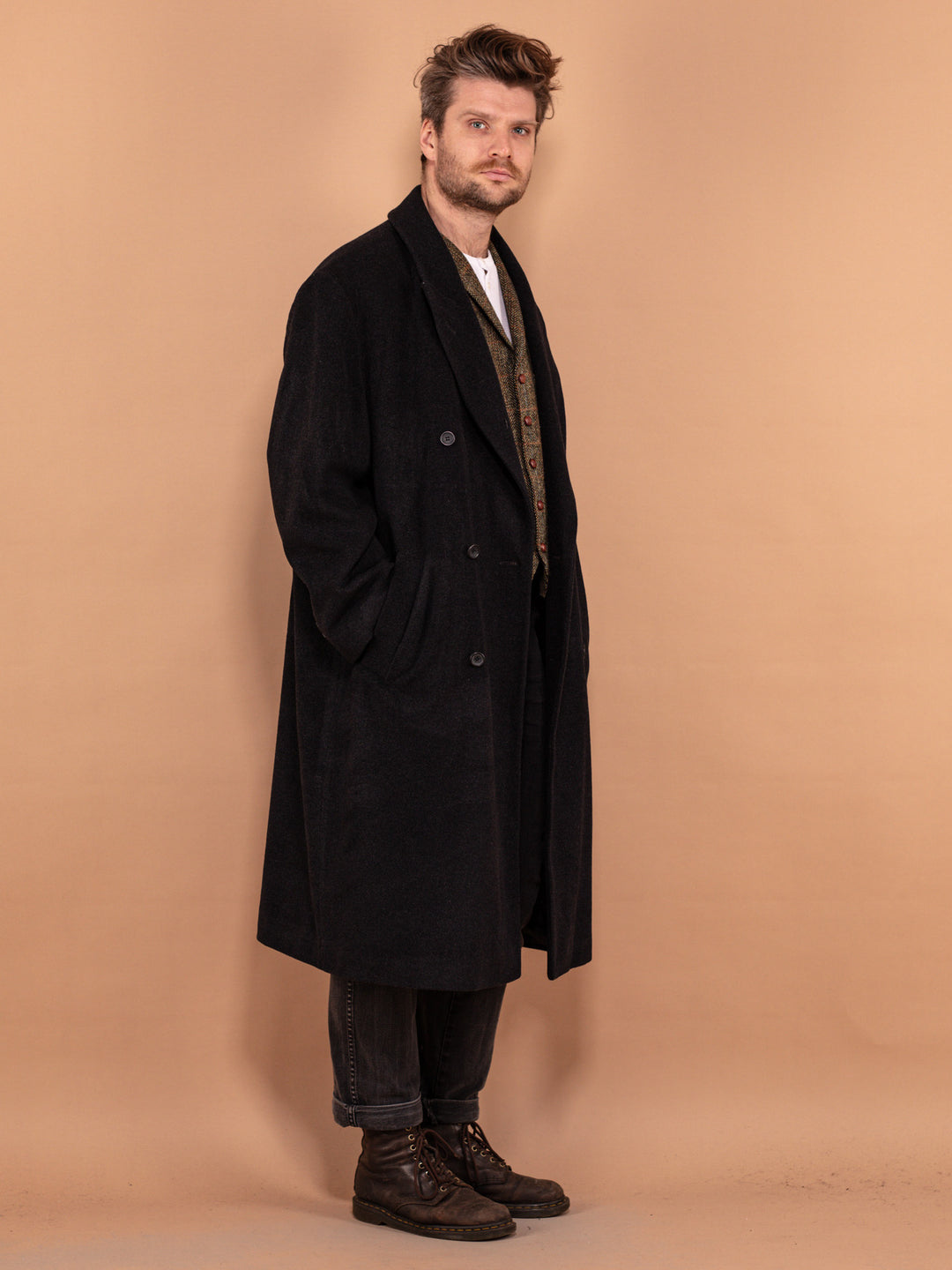 Longline Wool Blend Coat 80's, Size XL, Men Minimalist Coat, Dark Gray Wool Overcoat, Vintage Double Breasted Oversized Coat, Outerwear