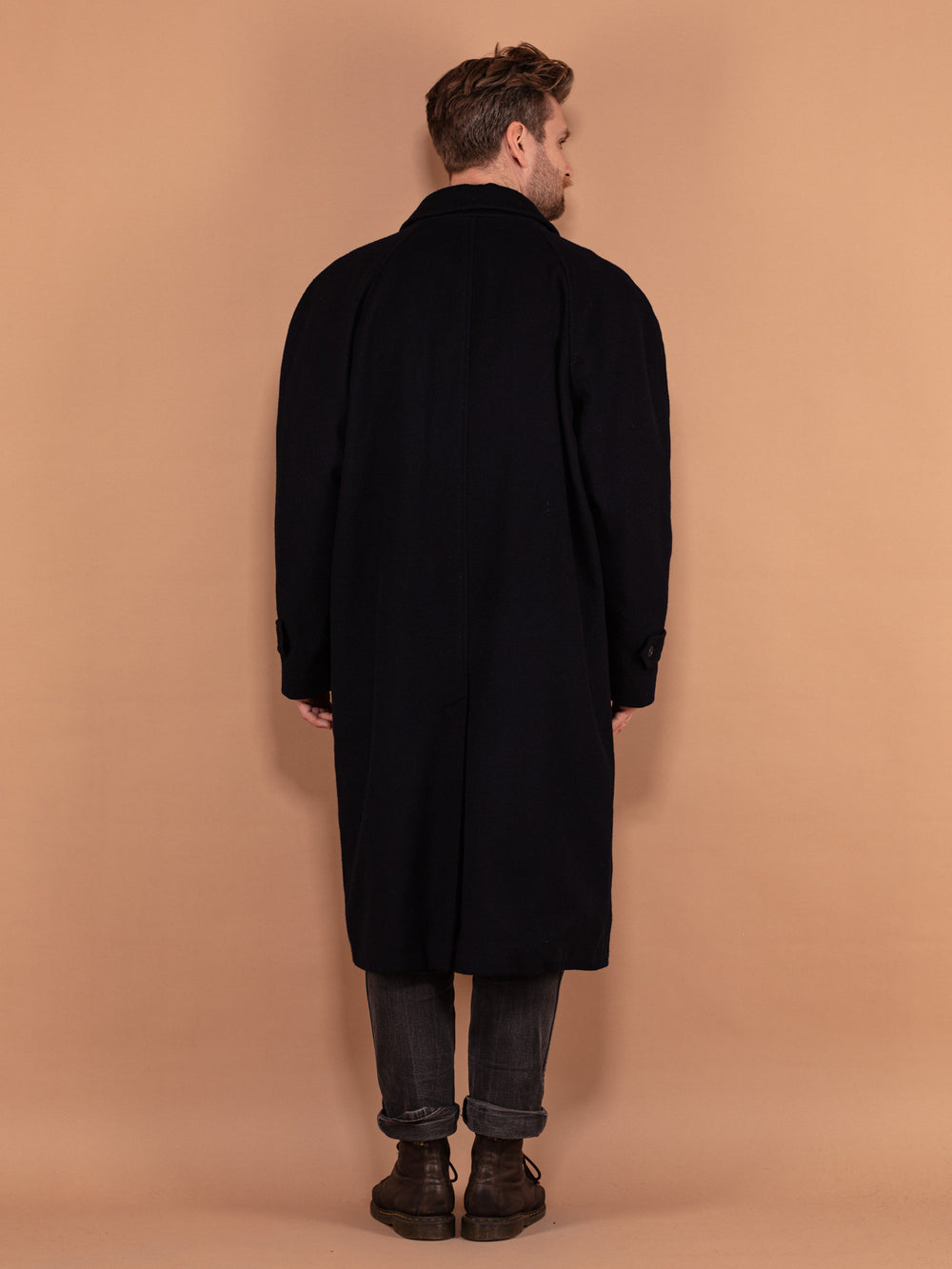 Vintage 80's Men Wool Overcoat in Navy Blue - NorthernGrip