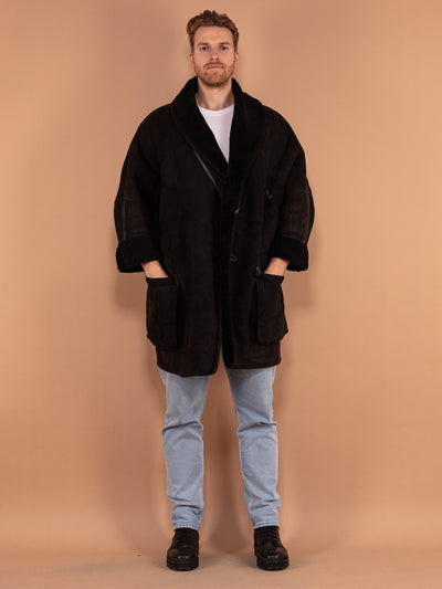 Oversized Sheepskin Coat 80's, Size XL, Vintage Men Black Shearling Suede Coat, Dolman Sleeve Cozy Winter Coat, 90s Sheepskin Outerwear
