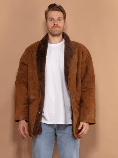 Oversized Sheepskin Coat 80's, Size Large, Men Suede Overcoat, Western Outerwear, Winter Leather Coat, Shearling Coat, 80's Men's Coat