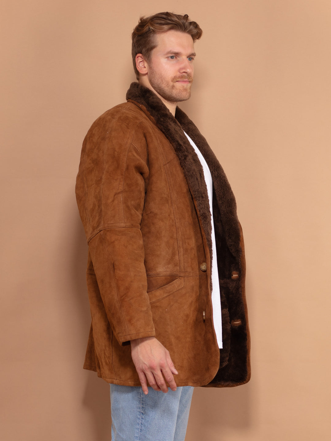 Vintage 80's Men Oversized Sheepskin Coat in Brown - NorthernGrip