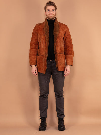 Men Brown Shearling Coat 80's, Size Large, Cozy Sheepskin Suede Coat, Vintage 80s Clothing, Caramel Brown Coat, Boho Winter Wear, Outerwear