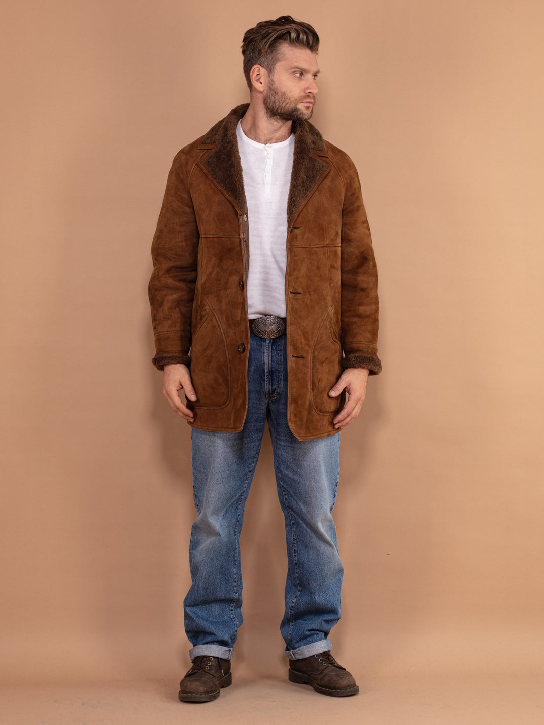 Men Shearling Suede Coat 80's, Size Medium, Vintage Men 70's Winter Coat, Brown Sheepskin Coat, Made in England, Raglan Coat, Outerwear