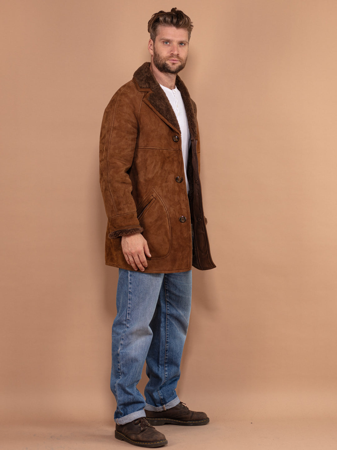 Men Shearling Suede Coat 80's, Size Medium, Vintage Men 70's Winter Coat, Brown Sheepskin Coat, Made in England, Raglan Coat, Outerwear