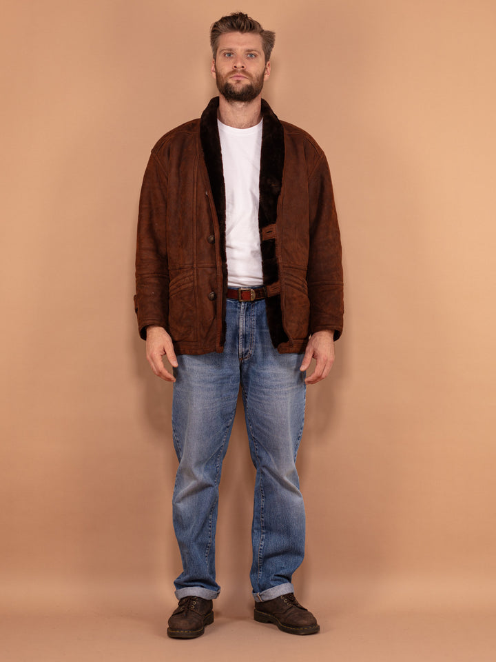 Vintage 80's Men Shearling Suede Coat in Brown - NorthernGrip