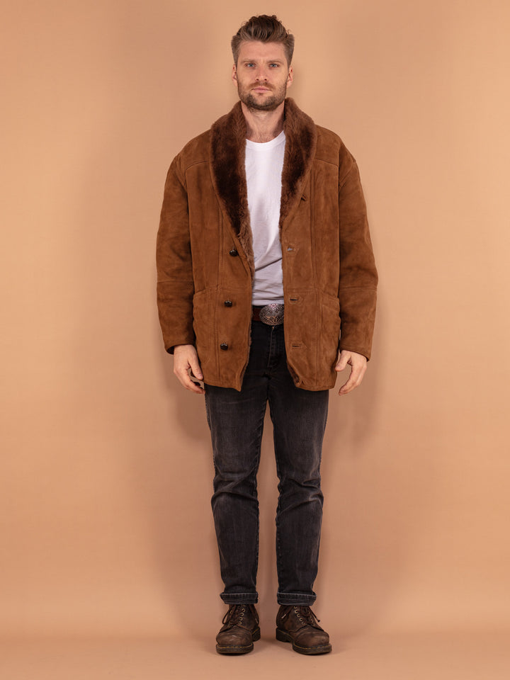 Vintage 80's Men Shearling Suede Coat in Brown - NorthernGrip