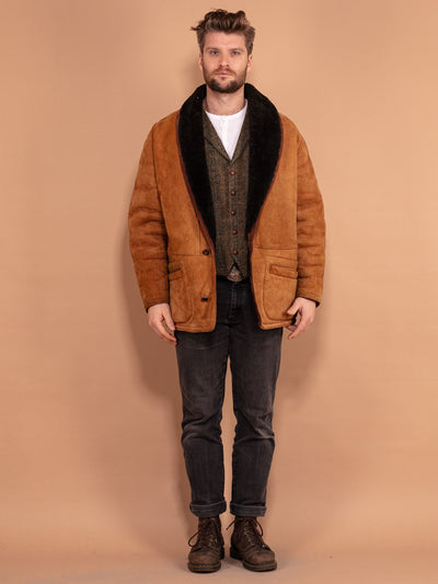 Vintage 80s Men Shearling Coat, Size L Large, Brown Sheepskin Coat, Western Style Winter Outerwear, Sheep Suede Overcoat, Boho Fashion