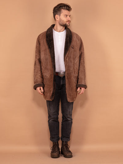 Men Shearling Coat 80's, Size XL, Men Suede Overcoat, Vintage Outerwear, Winter Suede Coat, Oversized Brown Sheepskin Coat, Made in Italy