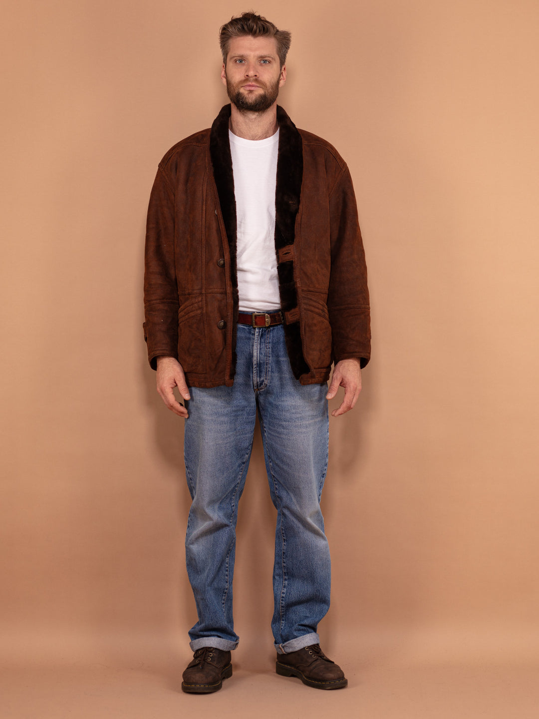 Vintage 80's Men Shearling Suede Coat in Brown - NorthernGrip