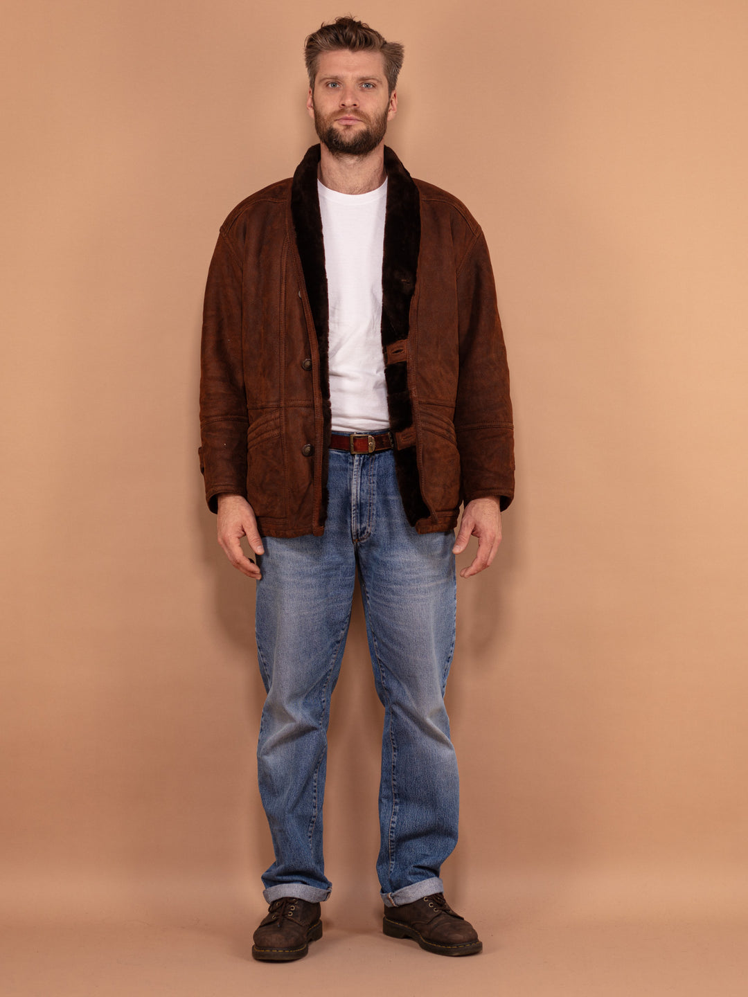 Men Shearling Suede Coat 80's, Size Medium, Vintage Men Winter Coat, Brown Sheepskin Coat, Outerwear, Warm Cozy Coat, 80s Clothing