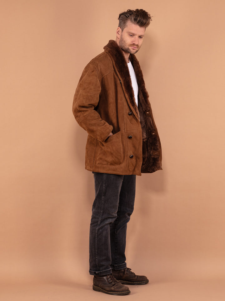 Vintage 80's Men Shearling Suede Coat in Brown - NorthernGrip