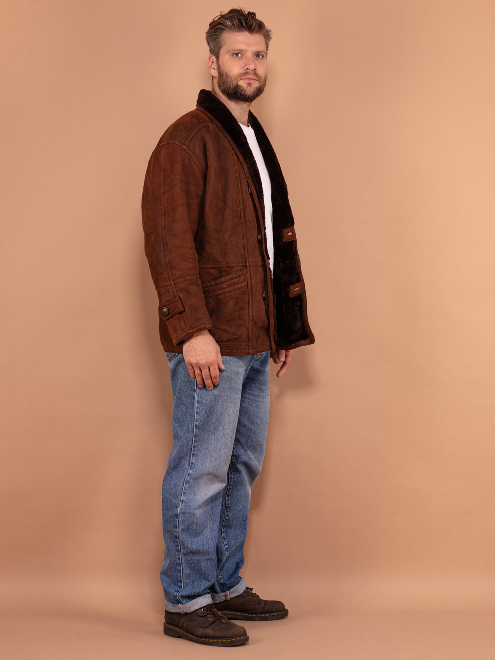 Vintage 80's Men Shearling Suede Coat in Brown - NorthernGrip