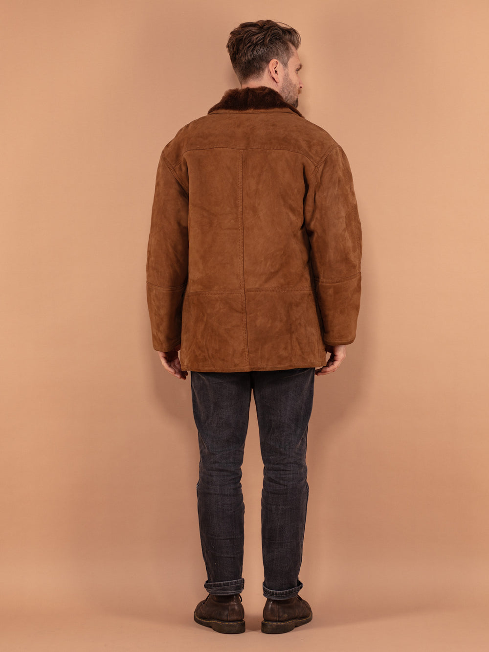 Vintage 80's Men Shearling Suede Coat in Brown - NorthernGrip