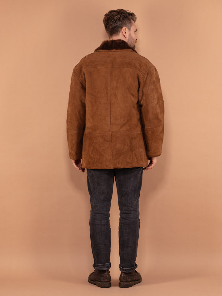 Vintage 80's Men Shearling Suede Coat in Brown - NorthernGrip