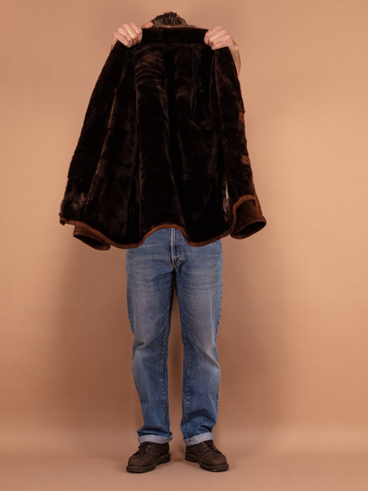 Men Shearling Suede Coat 80's, Size Medium, Vintage Men Winter Coat, Brown Sheepskin Coat, Outerwear, Warm Cozy Coat, 80s Clothing
