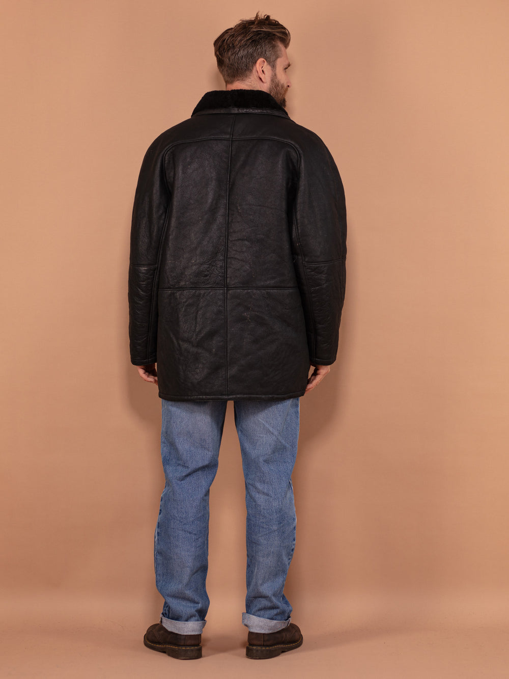 Vintage 80's Men Sheepskin Leather Coat in Black - NorthernGrip