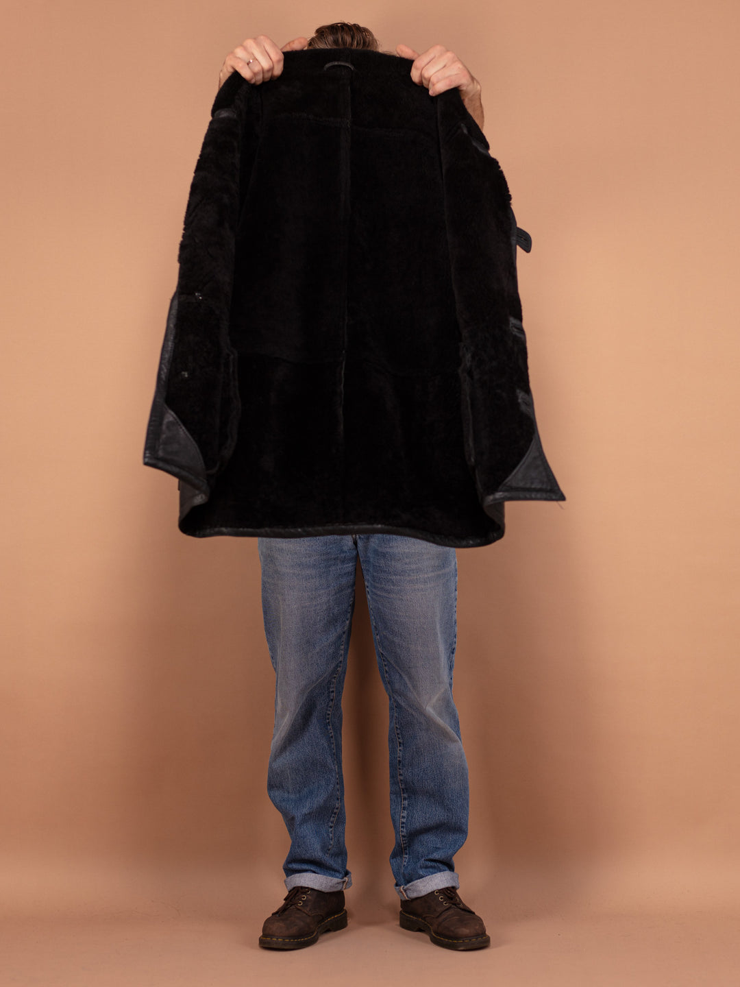 Black Sheepskin Leather Coat 80's, Size Large, Black Shearling Coat, Men Winter Overcoat, Vintage Sustainable Clothing, Minimalist Coat