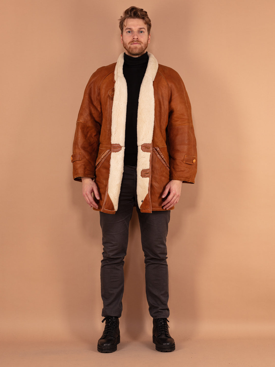 Men 80's Sheepskin Coat, Size Large, Men Sheep Leather Overcoat, Warm Winter Coat, Oversized Brown Coat, Outerwear, Vintage Raglan Coat