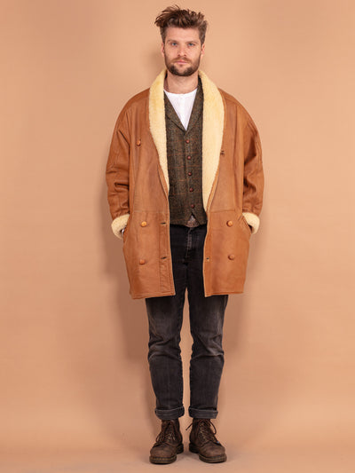 Men 80's Sheepskin Coat, Size XL, Vintage Oversized Winter Coat, Caramel Brown Western Coat, 80s Outerwear Coat, Cozy Leather Overcoat