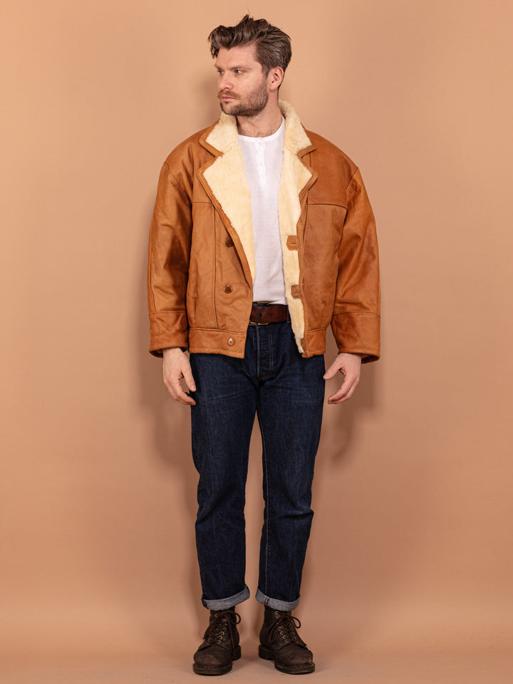 Men Sheepskin Coat 80's, Size M Medium, Vintage Caramel Brown Leather Coat, Retro 80s Outerwear, Cozy Winter Clothing, Short Coat