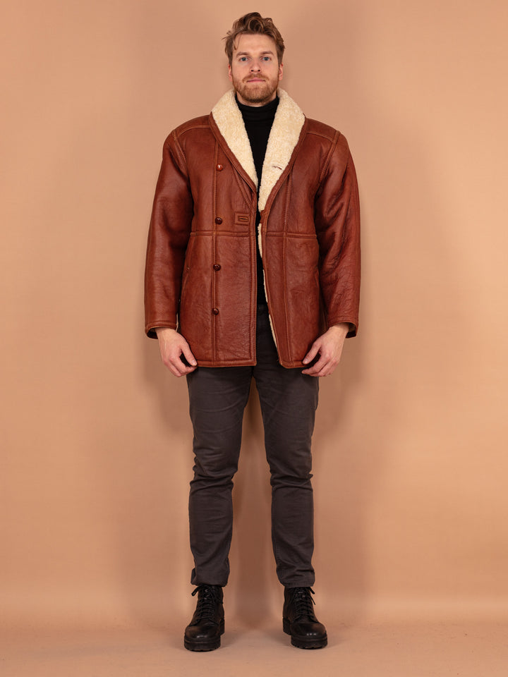 Vintage 80's Men Sheepskin Leather Coat in Brown - NorthernGrip