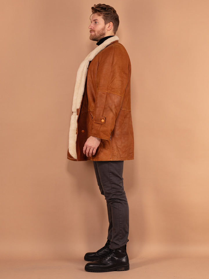 Men 80's Sheepskin Coat, Size Large, Men Sheep Leather Overcoat, Warm Winter Coat, Oversized Brown Coat, Outerwear, Vintage Raglan Coat