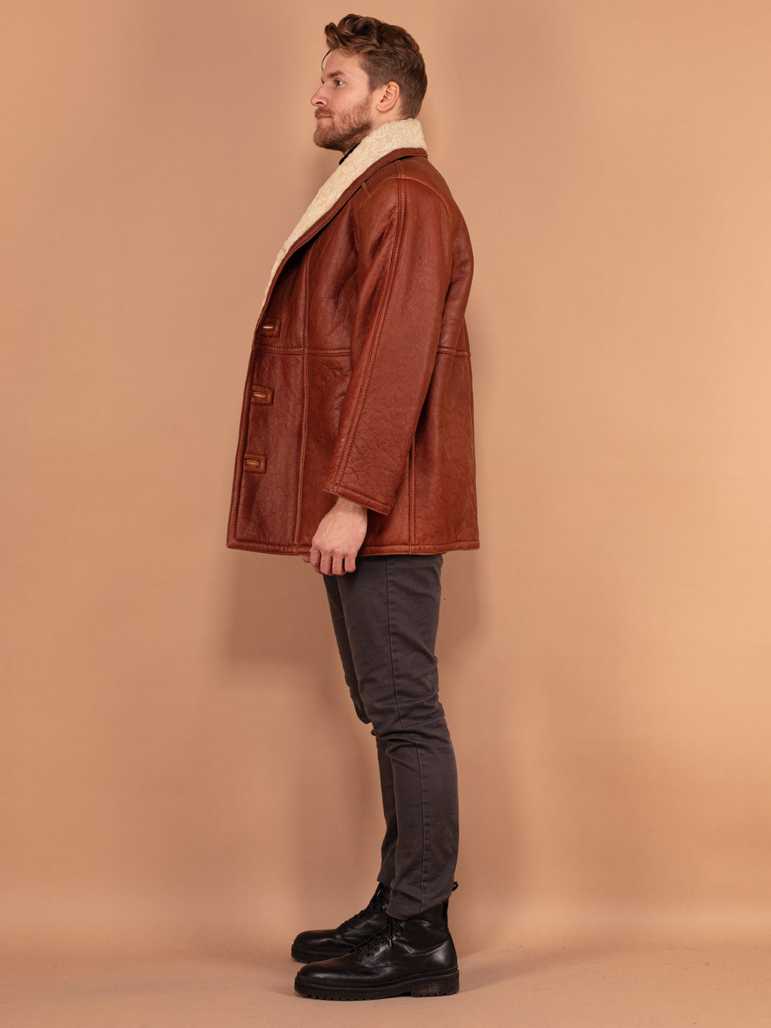 Vintage 80's Men Sheepskin Leather Coat in Brown - NorthernGrip