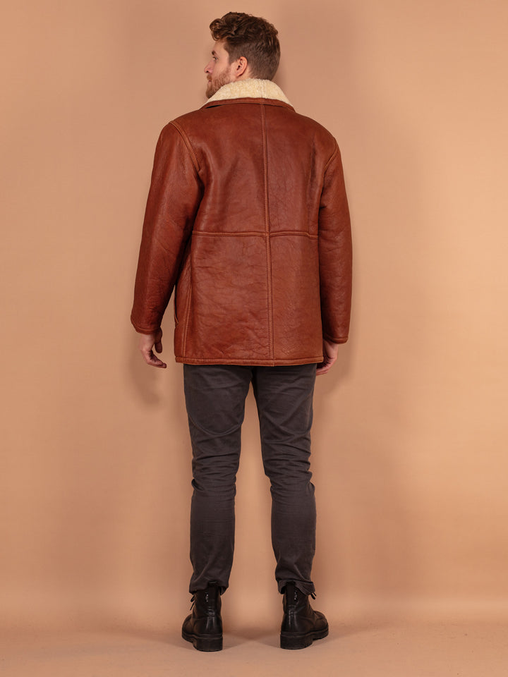 Vintage 80's Men Sheepskin Leather Coat in Brown - NorthernGrip