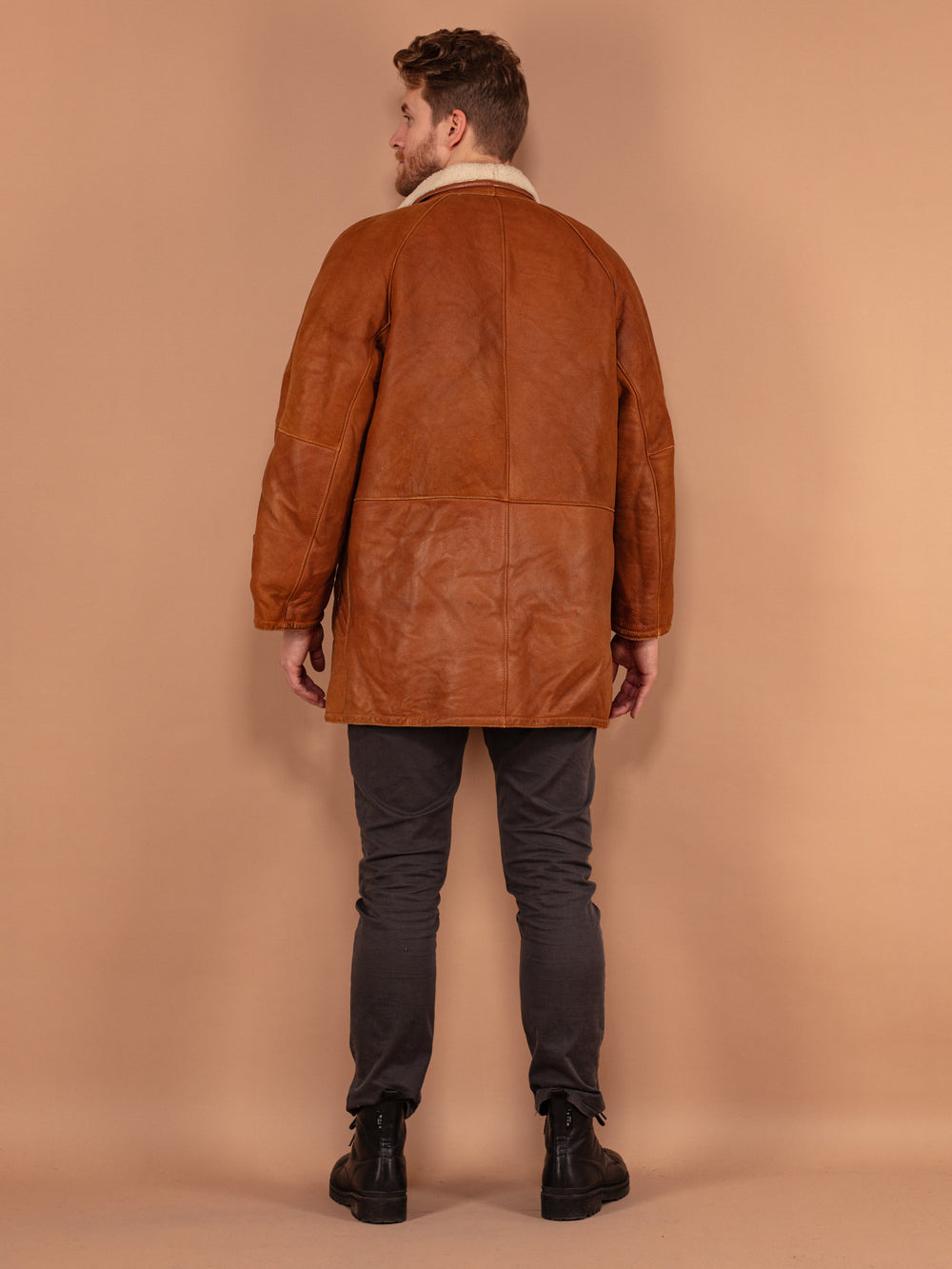 Vintage 80's Men Sheepskin Leather Coat in Brown - NorthernGrip