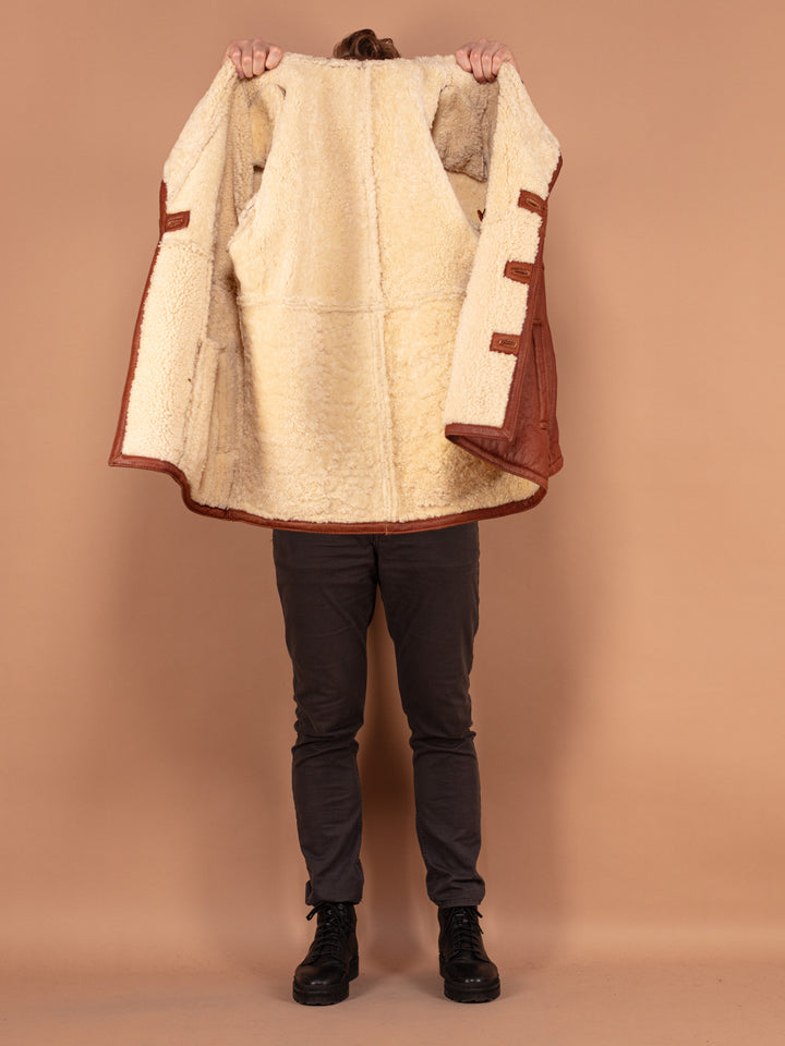 Vintage 80's Men Sheepskin Leather Coat in Brown - NorthernGrip