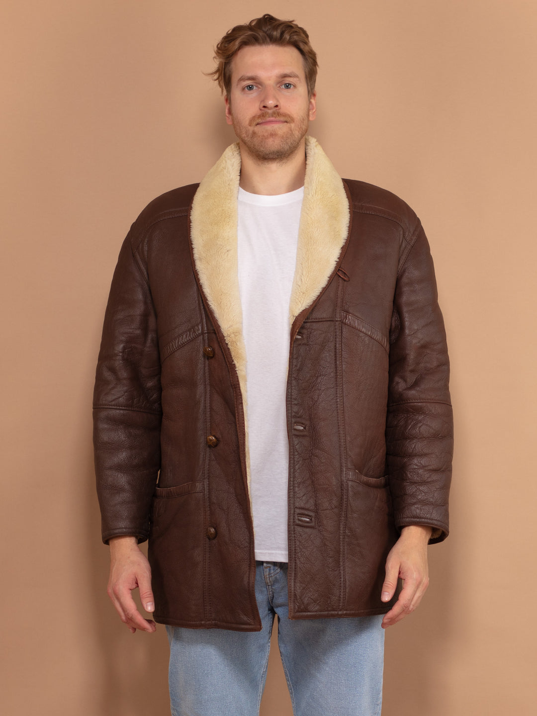 Brown Shearling Coat 80s, Size Medium, Men Sheepskin Leather Coat, Button Up Winter Coat, Retro Outerwear, Vintage 80s Fashion