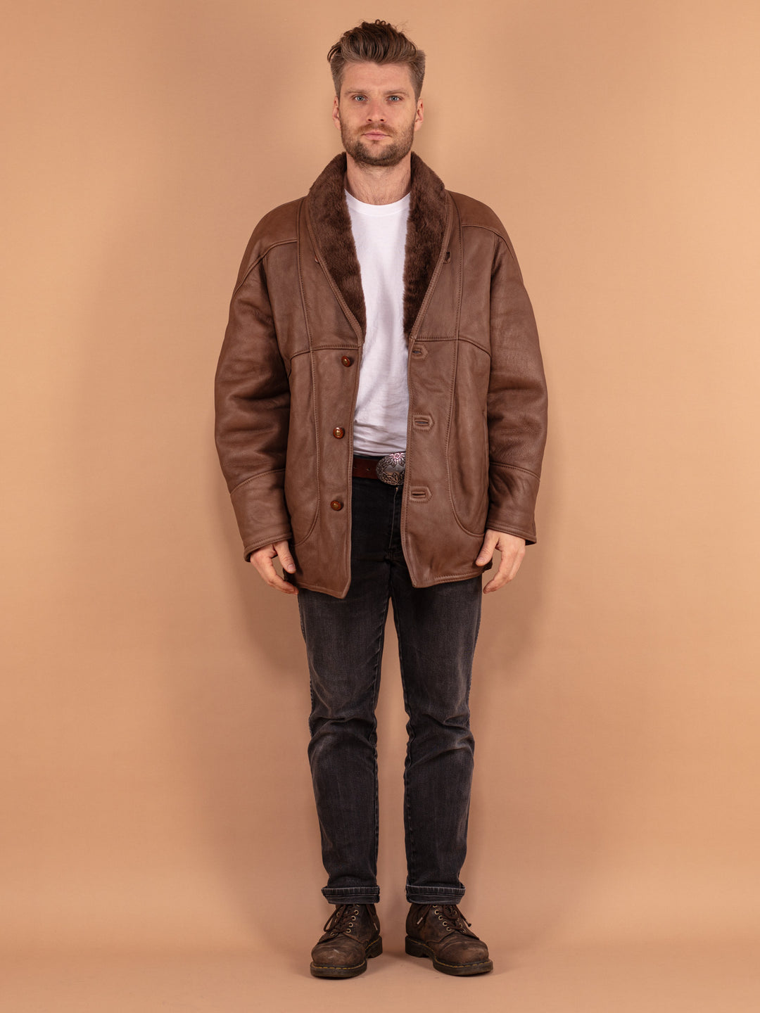 Brown Leather Shearling Coat 80's, Size Large, Men Sheepskin Coat, Retro Outerwear, Vintage Casual 80s Coat, Button Up Winter Coat