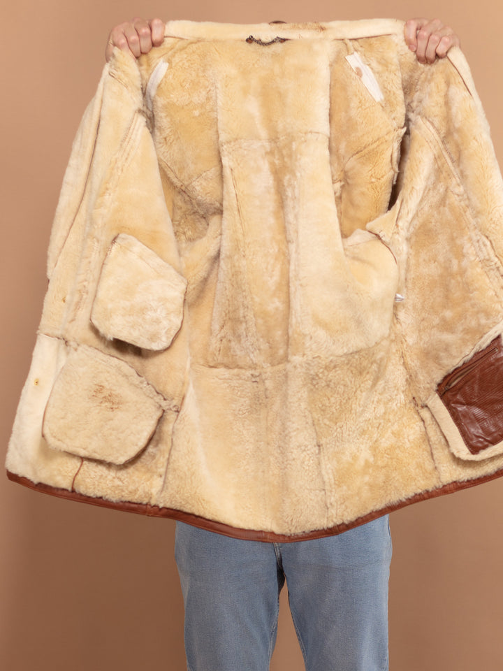 Vintage Shearling Coat 80's, Size Large, Men Sheepskin Overcoat, Warm Winter Coat, Oversized Brown Leather Coat, Gift For Husband