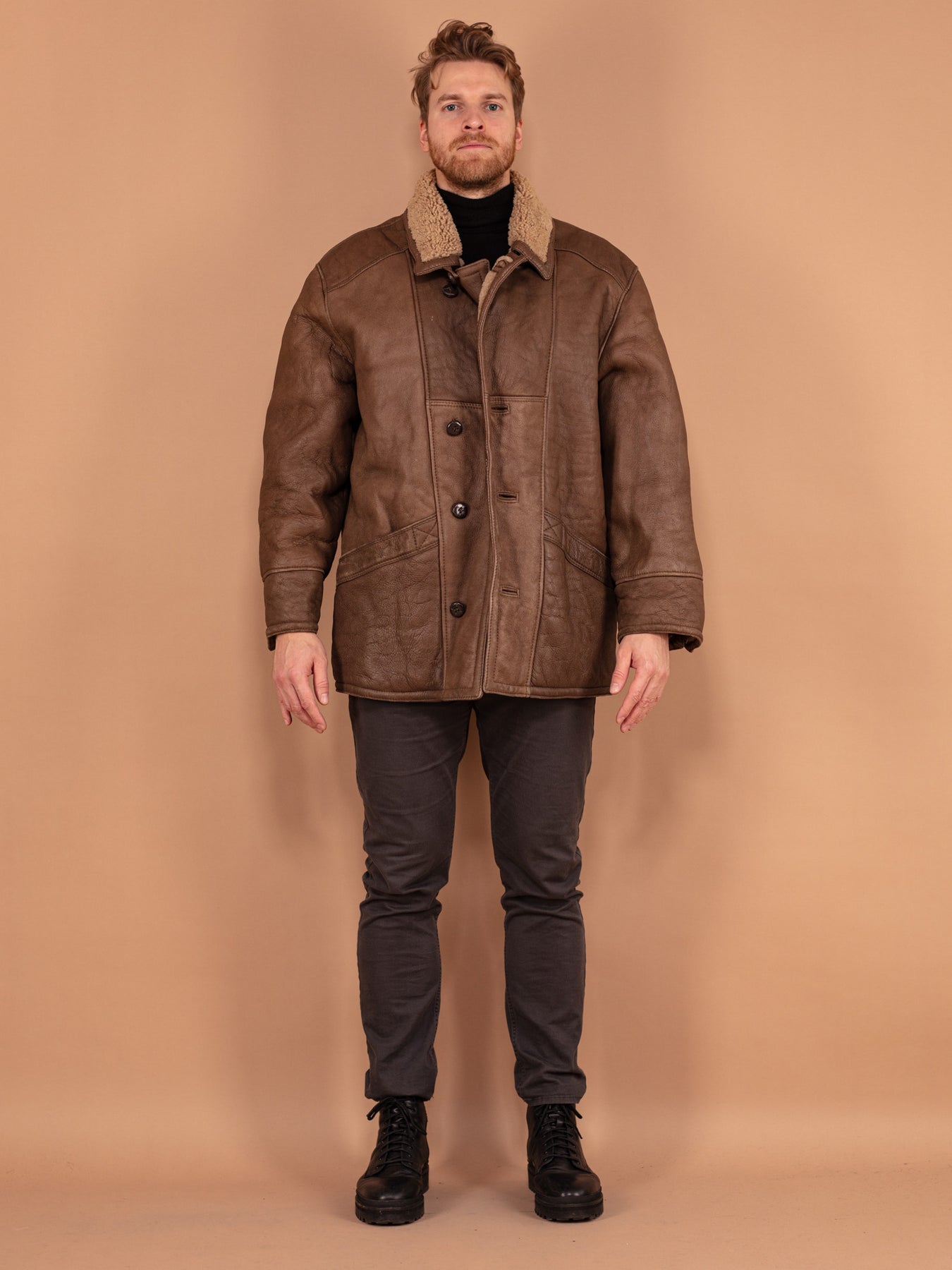 Online Vintage Store 80 s Men Sheepskin Leather Coat in Brown