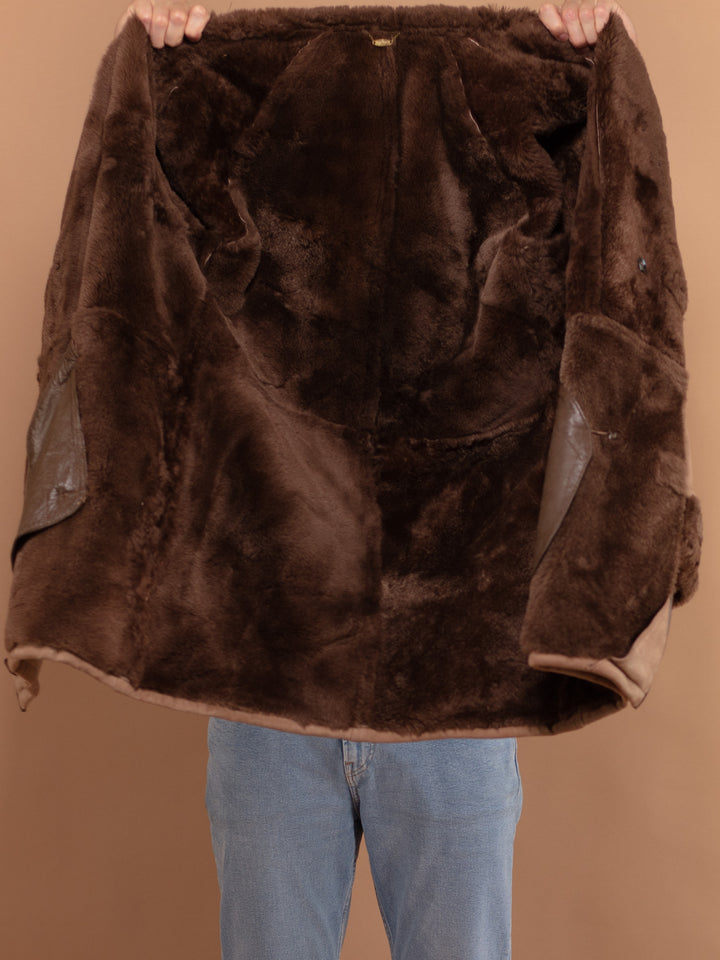 Men Suede Sheepskin Coat 80's, size Large, Vintage Men Light Brown Shearling Coat, Collared Retro Coat, Long Winter Coat, Beige Overcoat