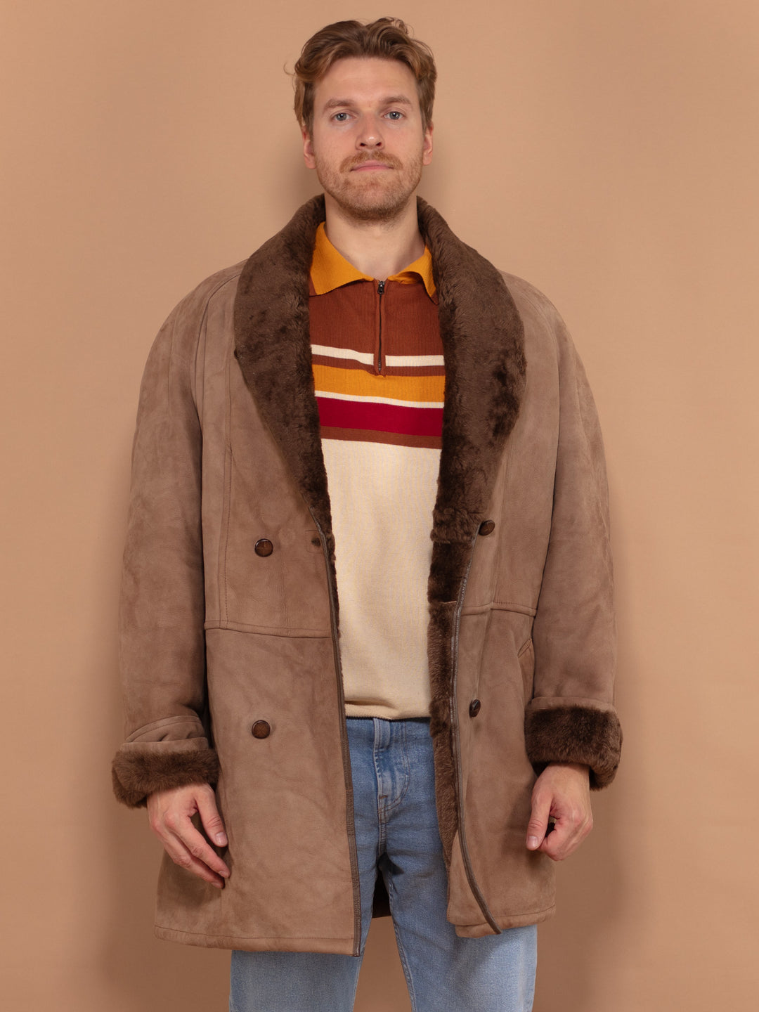 Men Suede Sheepskin Coat 80's, size Large, Vintage Men Light Brown Shearling Coat, Collared Retro Coat, Long Winter Coat, Beige Overcoat